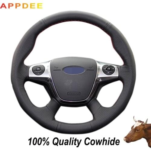 APPDEE Black Genuine Leather Car Steering Wheel Cover for Ford Focus 3 2012 2013 2014 KUGA Escape 2013-2015 2016 C-MAX 2011-2014