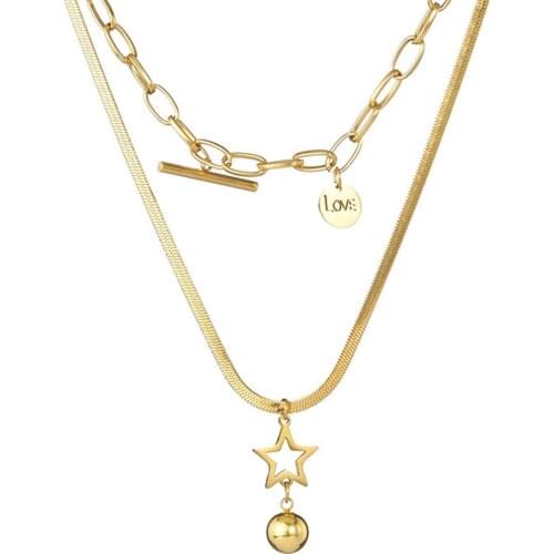 316L Stainless Steel Letter LOVE Medallion Pendant Double Layered Blade Simple Wild Star Ball Necklace