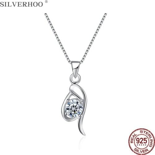 SILVERHOO Real 925 Sterling Silver Trendy Cubic Zirconia Charm Necklaces For Women Simple Hollow Pendant Necklace Fine Jewelry