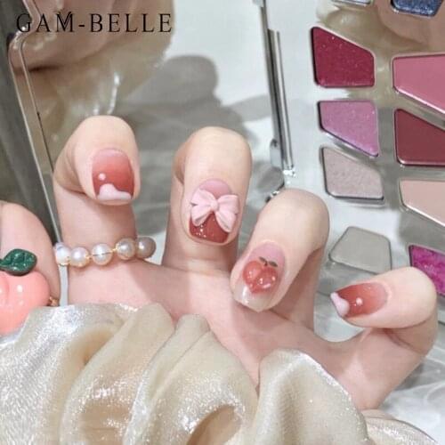 GAM-BELLE French Pink Peach Fake Nails with 3D Bow Full Cover Artificial Press On Nails Tips Decoration DIY Manicure Tools
