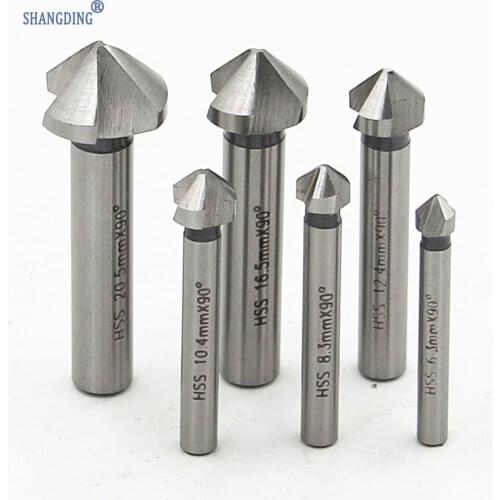 Round shank 6pcs/Set 3 Flute HSS Hard Metals natural color Three Edge Chamfer Chamfering End Mill Cutter Countersink Drill Bit