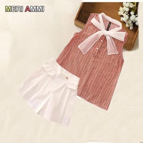 MERI AMMI 2 PCS Children Girl Clothing Outfit Set Sleeveless Striped Bowknot Tee +Shorts For 4-13 Year Kids