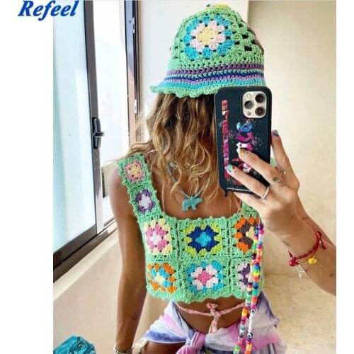 Sweet Women Multicolor Crochet Tank Top Sexy Square Neck Sleeveless Holiday Summer Crop Top