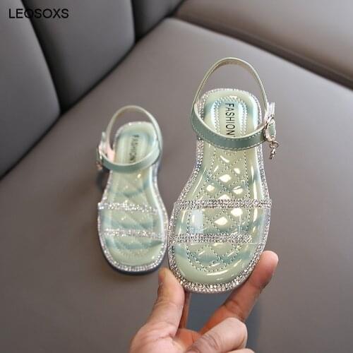 Fashion Flat Bottom Princess Shoes With Diamond 2021 Summer Girls' Solid Color Velcro Casual Beach Transparent Shoes
