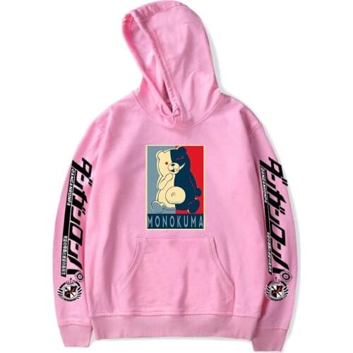 New Prined Anime Monokuma Hoodies Men Women Sweatshirts Fashion Hip Hop Cartoon Streetwear Casual Boys Girls Pink Pullovers