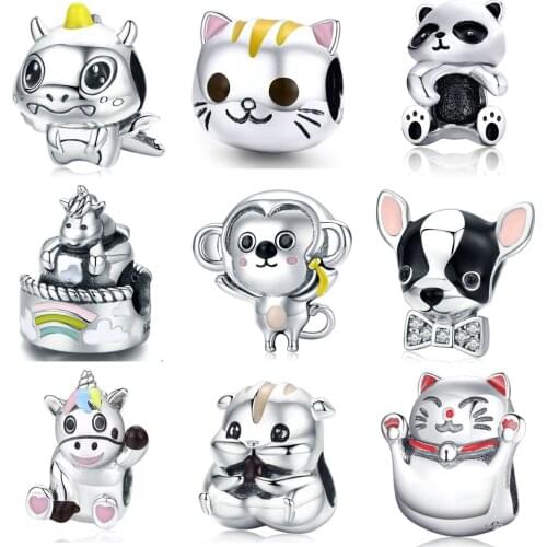 New 925 Sterling Silver Cute Dinosaur Unicorn Monkey Puppy Hamster Beads Fit Original Charms Pandora Bracelet Bead Jewelry makin