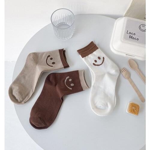 2021 Autumn kawaii Coffee Color Smile Print Socks For Women Korean Funny Harajuku Socks Creativity Latte Art Pattern Femme носки