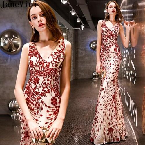 JaneVini Sexy Mermaid Sequined Prom Dress for Wedding Party Shiny Dark Red Tight Formal Dresses Bridesmaids Long Robe Demoiselle