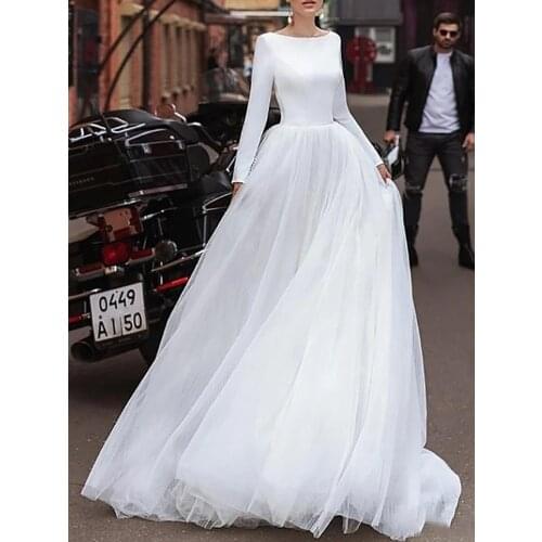 A-line Skirt Wedding Dress Round Neck Luxury Satin Material Long Sleeve Tulle Tail Bridal Gown Color Size Custom