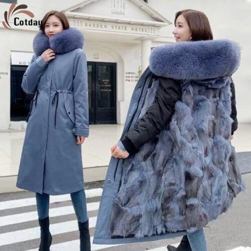 Cotday Rabbit Hair Liner Women Winter Fox Fur Liner Detachable With Hooded Fox Fur Collar Large Long Over The Knee Parka Coat