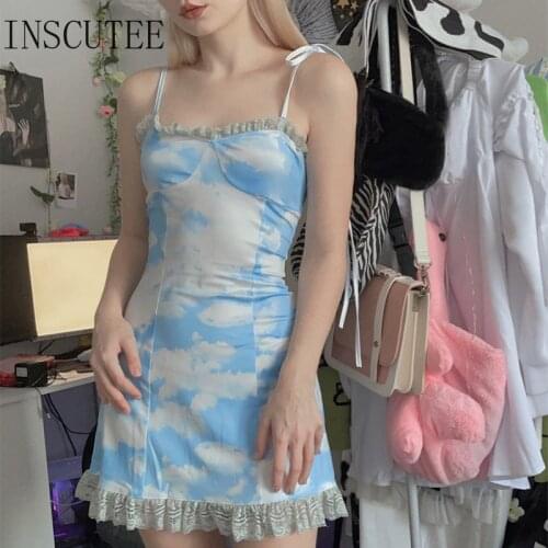 Inscutee Sexy Sweet Cute Vintage Straped Mini Dresses Women 2021 Summer Y2k Grunge Fairy Core Bandage Ruffle Printing Dresses