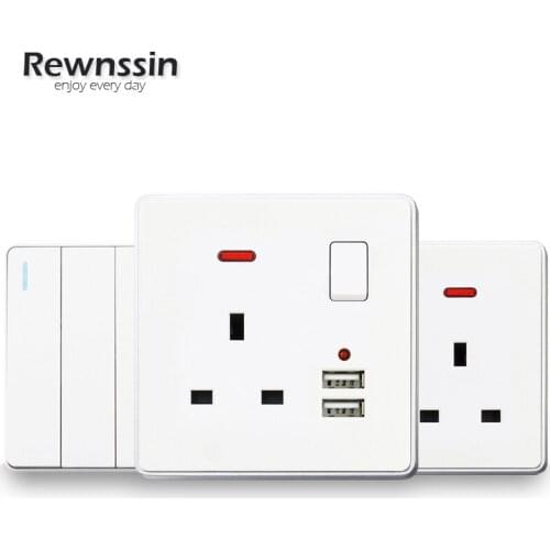 110-250V White PC Plastic Panel Light Switch 86/146 Type With USB LED Indicator UK Wall Power Socket Data Jack
