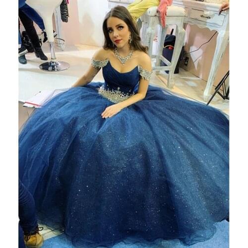 Navy Blue Glliter Quinceanera Prom Dresses Crystal Sequined Waist Tulle Princess Skirt Lace Junior Birthday Party Dress