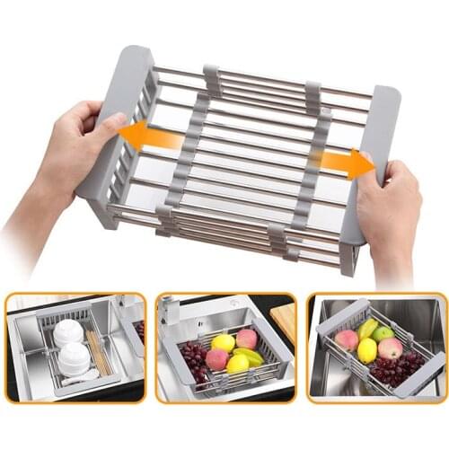 Retractable Stainless Steel Sink Drain Rack Kitchen Storage Organizer Dish Drying Rack Fruit Vegetable Drainer Basket Drain Box