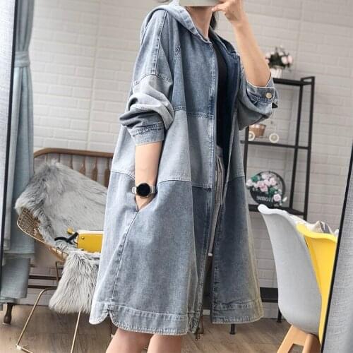 SuperAen Spring and Autumn New Middle-length Loose Slim Bf Handsome Denim Hooded Jacket Women