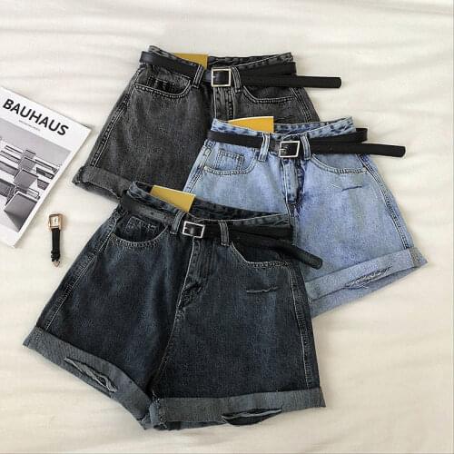 SHNSOPHI Summer 2021 Women Vintage Wide Leg Hole Jeans Shorts With Belt Casual Female Loose Solid Color Blue Denim Shorts New