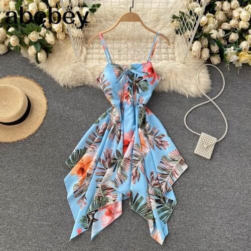 Design Irregular Strap Dress Women Sexy Backless Ruffles A-line Party Dress Summer Boho Floral Beach Midi Dress