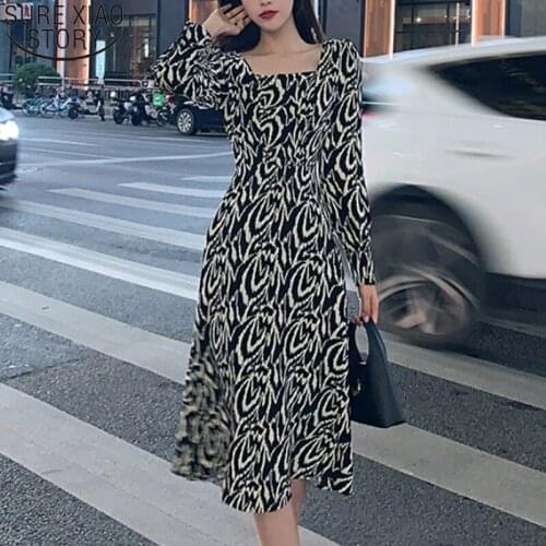 Vintage Floral Dress French Style Square Collar Black Autumn and Winter Dresses Women 2021 New Temperament Bottoming Dress 13080
