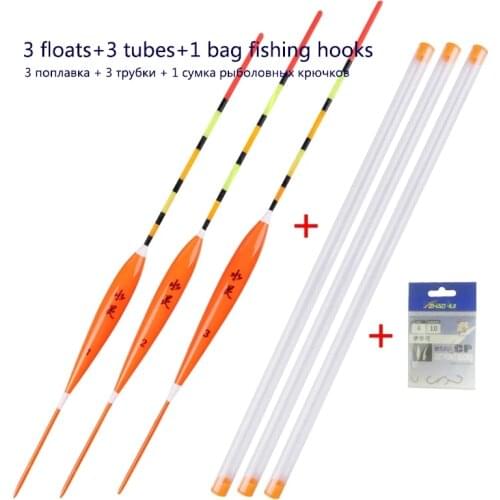 3pcs/lot Shallow Water Fishing Floats Balsa Bobber+3pcs float tubes+1 Bag Fishing hooks Fresh Water Buoy Fishing Tackles Tools