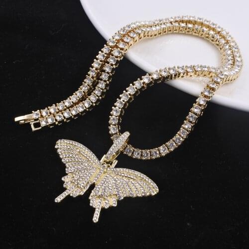Iced Out Bling Hip Hop Necklace 1 Row diamant Alloy Pendant Full Rhinestone Gorgeous Tennis Chain Butterfly Pendant 59MM