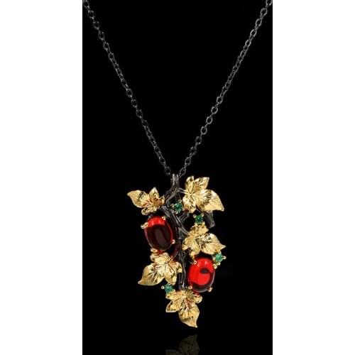 CHARLINLIOL 925 Silver Temperament Sweater Necklace Pendant Ruby Crystal Flower Shape Short Chain for Women Cocktail Party Gift