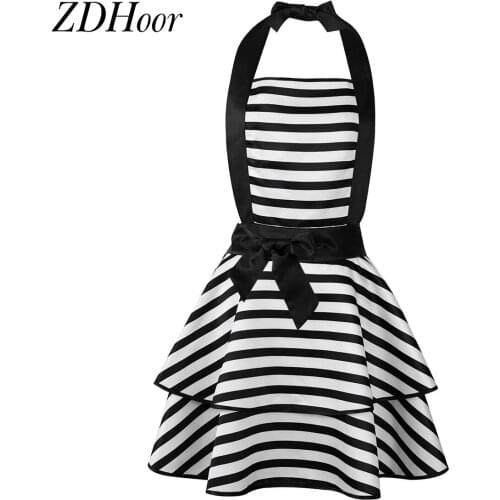 Women Lace-Up Striped Cooking Apron Sexy Cosplay Maid Apron Dress Adjustable Halter Neck Cleaning Aprons Kawaii Maids Uniforms