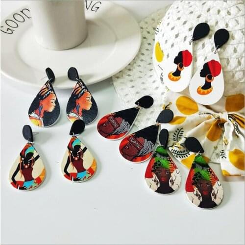 Tribal Wood Africa Women Water Drop DIY Colorful Painting Afro Vintage Drop Dangle Earrings Round Wooden Boho Bohemia Jewelry