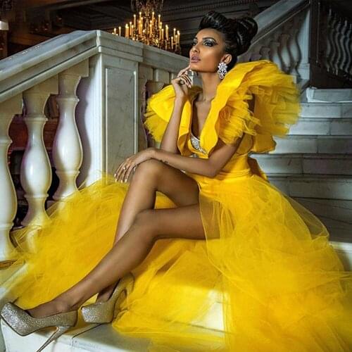 Princess Prom Gowns Yellow Sexy V Neck Puff Tulle Long Evening Dress Side Split Prom Dresses With Crystal vestidos de fiesta
