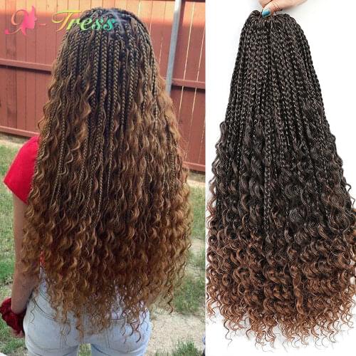 X-TRESS Crochet Box Braids 20 Inch Goddess Box Braids with Curly Ends Ombre Brown Pro-looped Synthetic Crochet Hair Extensions