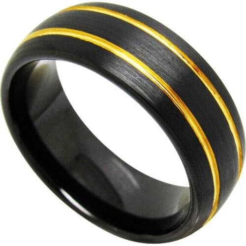 Trendy 8mm Width Black Tungsten Carbide Rings for Boys Dome Band Anniversary Rings with Two PCS Gold Color Lines Brush Finished