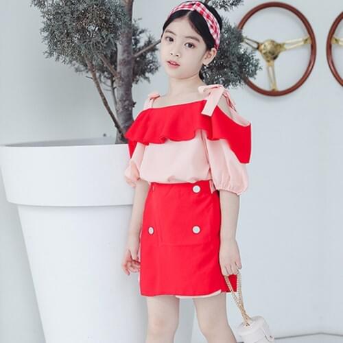 DFXD Girls Clothing Set Fashion 2pc Outfits Teenage Clothes Short Sleeve Off Shoulder Bowknot Ruffles Top+Shorts Suit 3-16Yrs