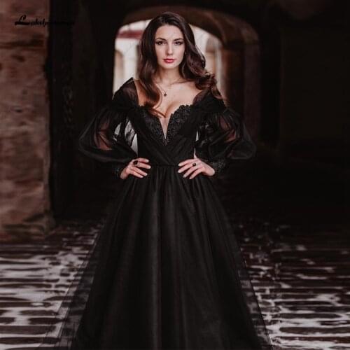 Lakshmigown Black Dress Women Puffy Long Sleeve Wedding Gowns 2022 Vestido Longo Festa Sweetheart Beaded Gothic Bridal Dresses