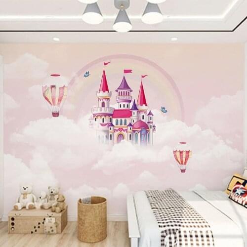 Custom 3D Wall Mural Modern Nordic Ins Cartoon Hand-painted Pink Hot Air Balloon Castle Childrens Room Background Wall Paper 3D