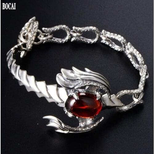 BOCAI New 2021 Trend 100% s925 Silver Jewelry Retro Domineering Scorpion Inlaid Garnet Personality Rock Mans Bracelet