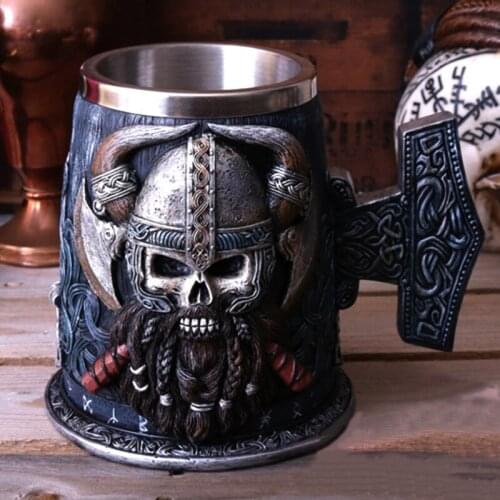Resin Beer Mug With Stainless Steel Liner Skull Viking Coffee Milk Cup Office Teacup Household Drinkware Birthday Gift