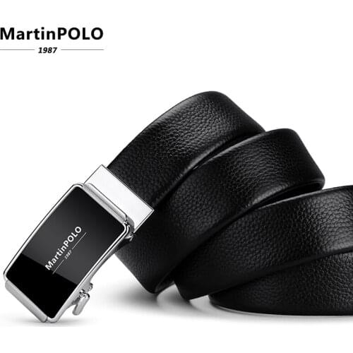 MartinPOLO Brand Fashion Automatic Buckle Black Genuine Leather Belt Mens Belts Cow Leather Belts for Men 3.5cm Width MP02002P