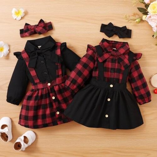 1-5Y Kid Baby Girls Plaid Print Shirt Tops Suspender Skirt Headband Outfits Clothes Set Long Sleeve Fall Winter Clothing