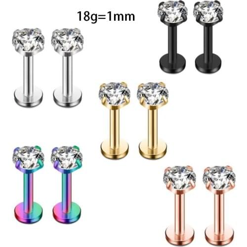 18G 3mm Round Crystal Zircon Tragus Piercing Ear Cartilage Lip Labret Earrings 316L Surgical Steel Body Jewelry Helix Piercing