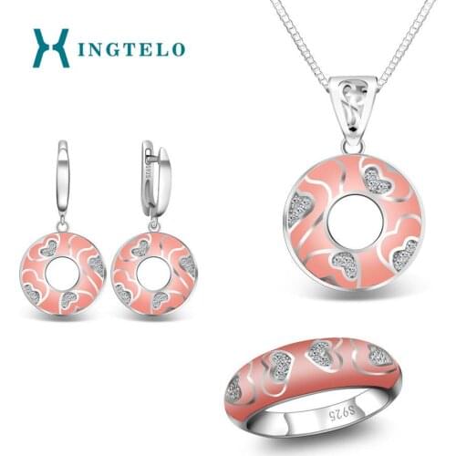 XINGTELO Pink Sweet Jewelry Set 925 Sterling Silver Earrings Pendant Ring Chain Inlaid Cubic Zirconia Wedding Jewelry for Women