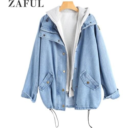 ZAFUL 2020 Autumn Winter Women Denim Jacket Hooded Long Sleeve Warm Coats Casual Fashion Streetwear Female Outwear Jacket Top