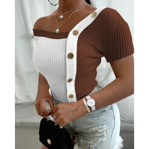 2021 Sexy Womens Summer T-shirt Two Color Design Decoration Irregular Collar Short Sleeve Slim Pullover Top Off Shoulder Button