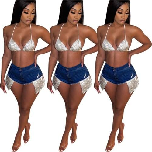 Sparkling Sequins Women Sexy Clubwear Short Jeans INS Hottest High Waist Button Skinny Mini Denim Shorts 2021 Summer Newest