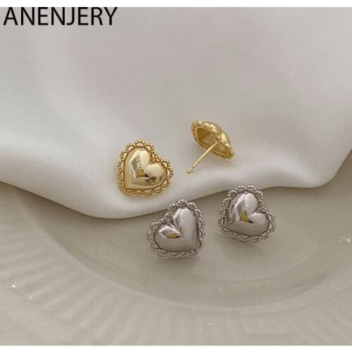 ANENJERY 925 Sterling Silver Lace Love Heart Stud Earrings for Women Simple Small Earrings Fashion Jewelry Cute Gift S-E1315