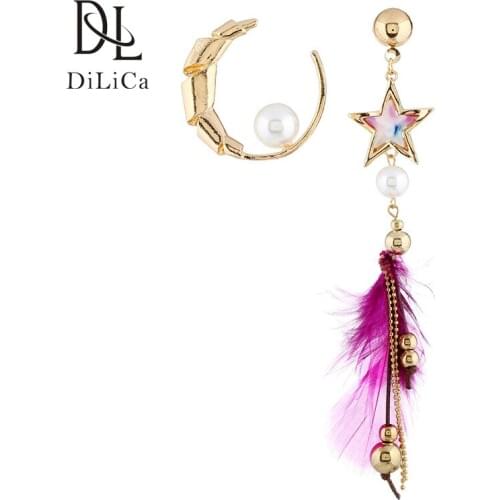 DiLiCa Trendy Irregular Earrings for Women Long Tassel Earrings Bohemian Feather Earring Dangle Imitation Pearl Jewelry