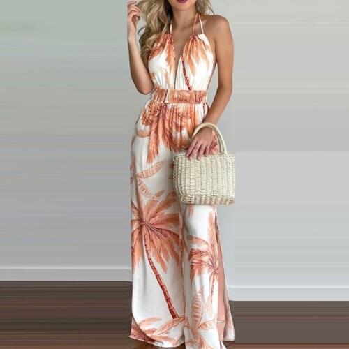 2021 Women Summer Jumpsuit Tropical Print Halter V Neck Wide Leg Backless Sexy Casual Beachwear Vacation Sleeveless Jumpsuits