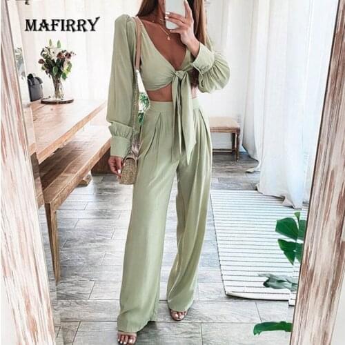 Summer Women Elastic Waist Wide Leg Pants Suit Casual Hollow Out Solid Two Piece Set Female Sexy V Neck Tops Pants Matching Suit