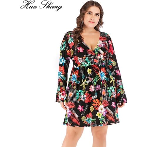 Long Sleeve Mini Dress Plus Size Women Summer V Neck Flare Sleeve Floral Print Tunic Dress 6XL Large Size High Waist Dresses