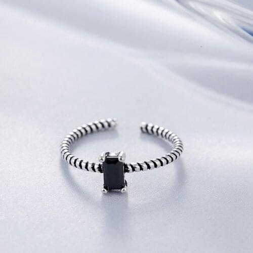 Todorova Classic Black Zircon Rings For Women Twist Rope Opening Ring Black Stone Vintage Jewelry Party Gift