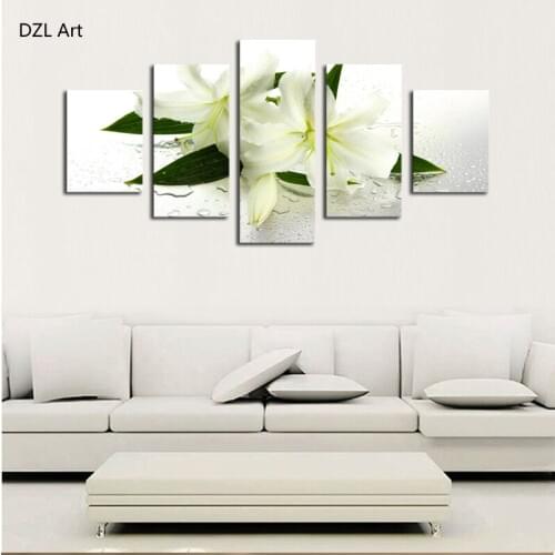 5 Panels(No Frame) White lilies Picture Modern Wall Decor Print on Canvas Oil Painting Canvas Painting for Christmas Gift
