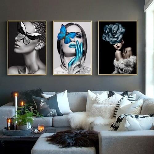 Abstract Wall Art Pictures Fashion Woman butterfly Lips Gold And White Black Modern Home Canvas Painting Beauty Decor Posters